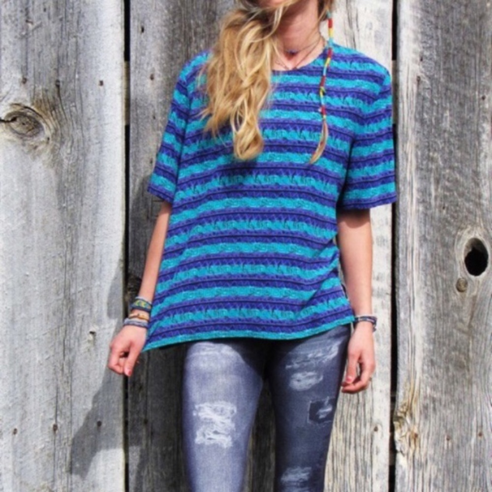Vintage Print Turquoise and Periwinkle Blouse